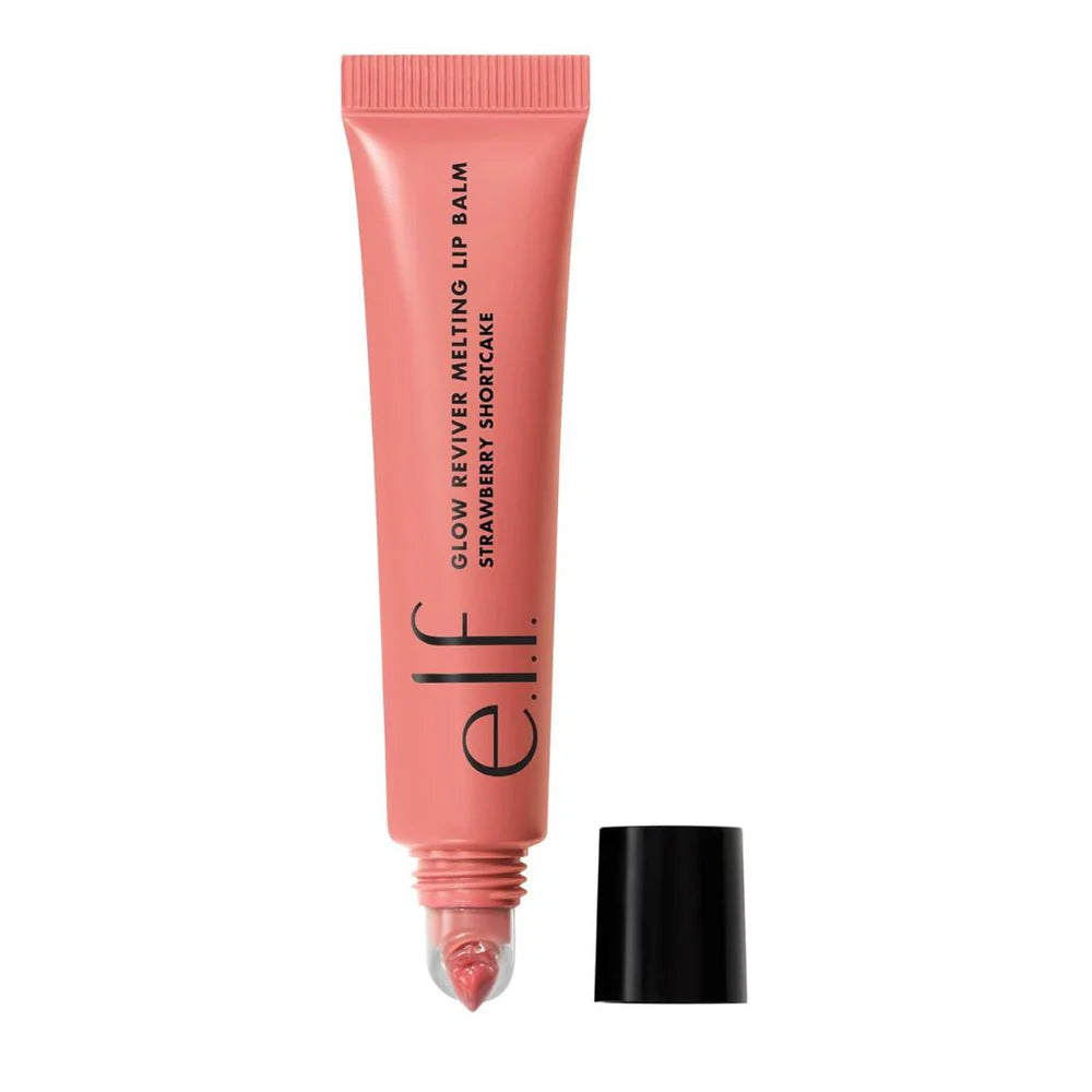 Pink lip balm tube with black text on a white background