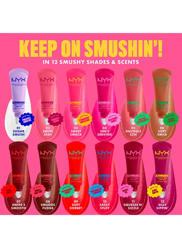 NYX lip gloss collection with colorful packaging on a pink background
